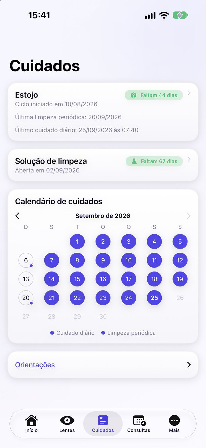 Aba Cuidados: estojo, solução e calendário de cuidados