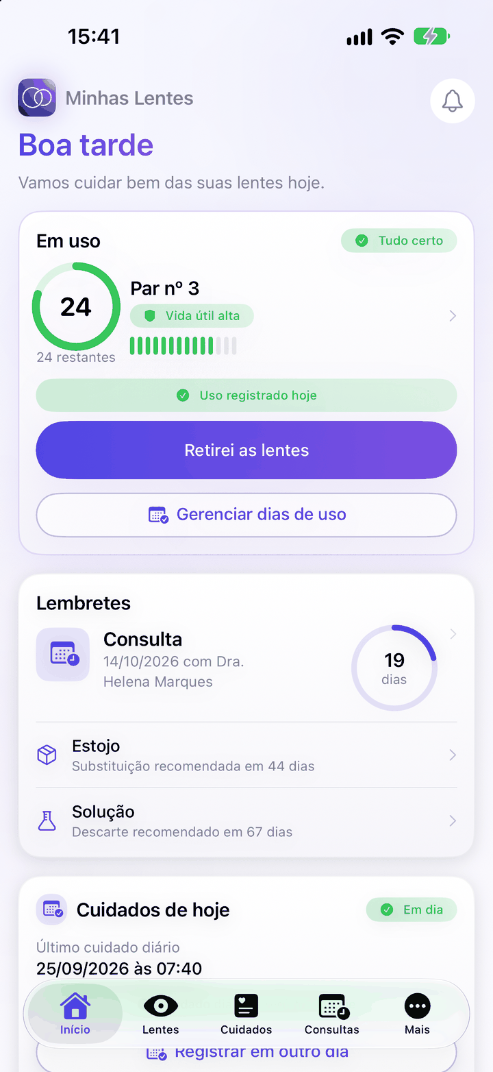 Início do Minhas Lentes no modo claro: par em uso com 24 usos restantes, lembretes e cuidados de hoje