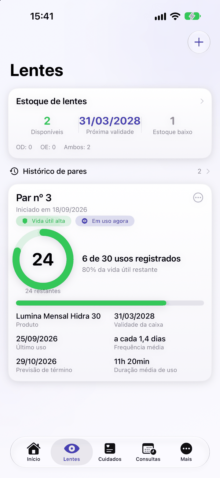 Aba Lentes: cartão do par com 6 de 30 usos registrados e 24 restantes